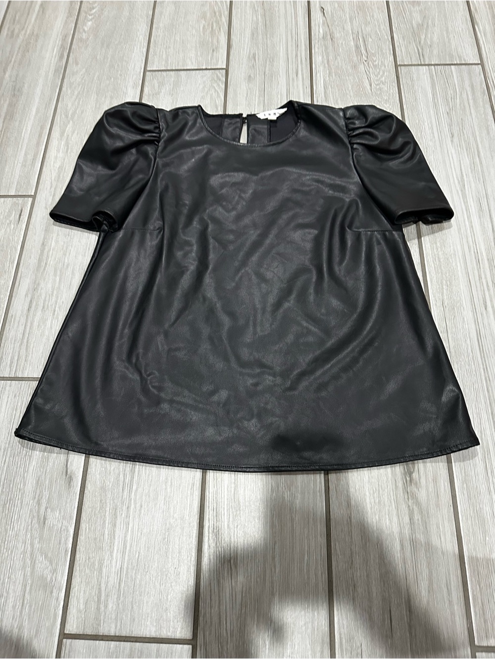 THML Womens Black Faux Leather Puff Sleeve Blouse